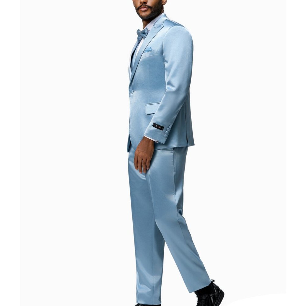 Dusty Blue Satin Textured Peak lapel 3 Piece Skinny Fit Tazzio Men's Suit